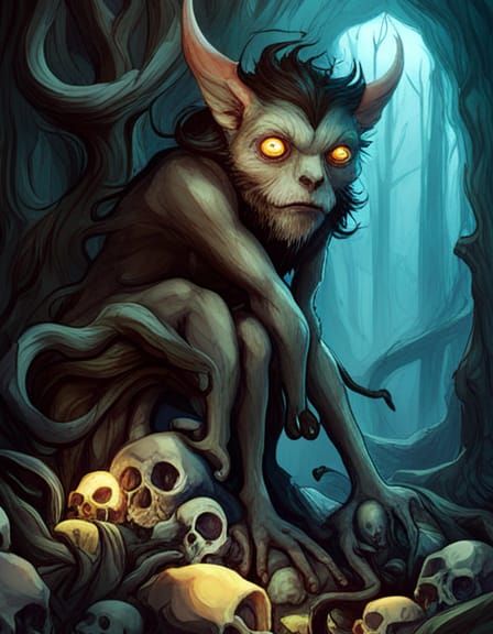 Epic Monster on Bone Pile: Watercolor Fantasy Art