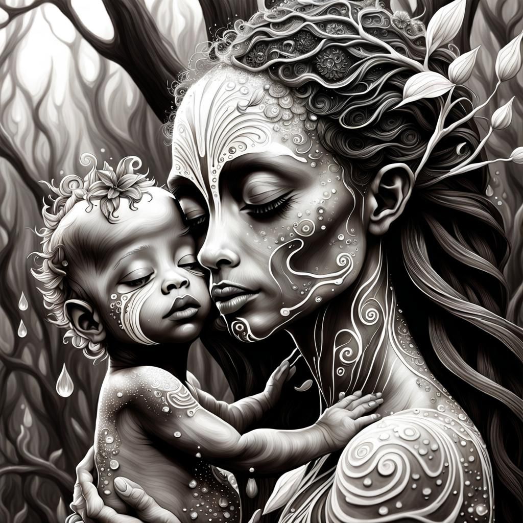 Luminescent Alien Mother and Baby in Botanic Setting