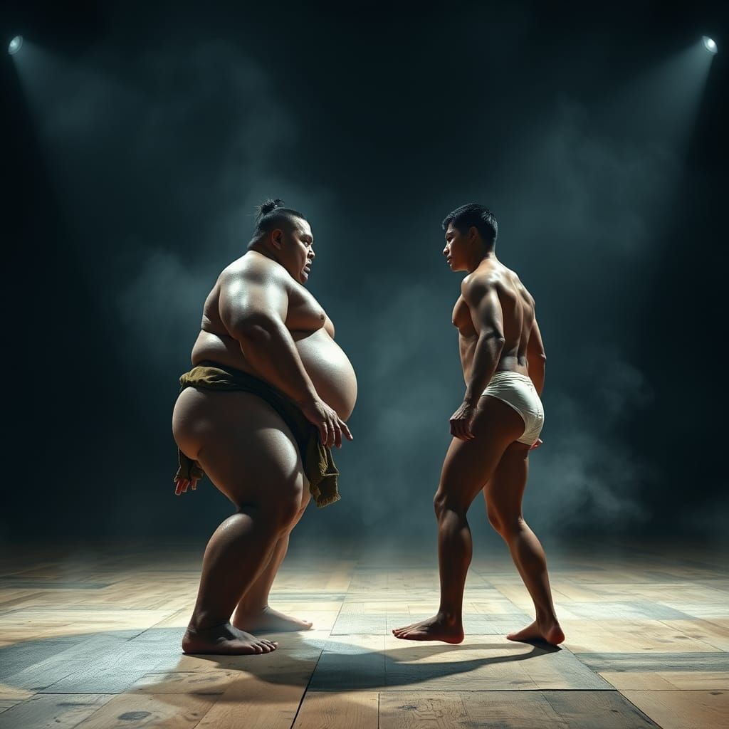 Sumo Wrestler Confronts Opponent in Hyperrealistic Style