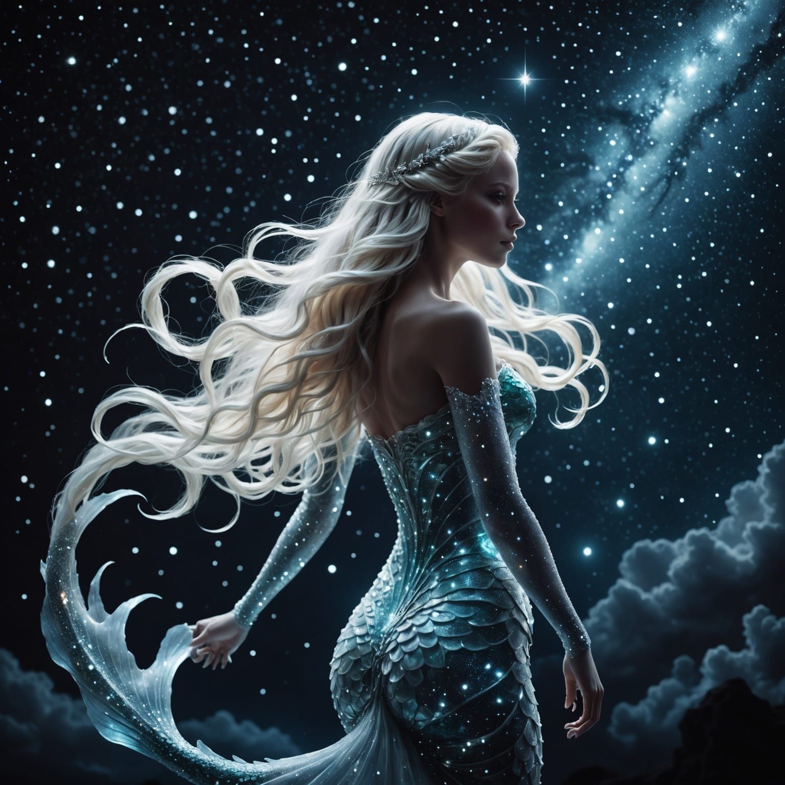 Ethereal Mermaid Made of Starlight in Night Sky