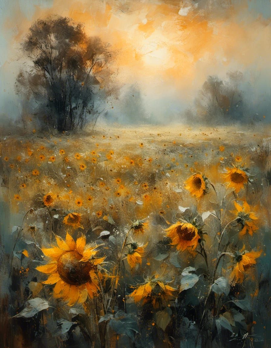 Misty Sunrise Over Sunflower Field