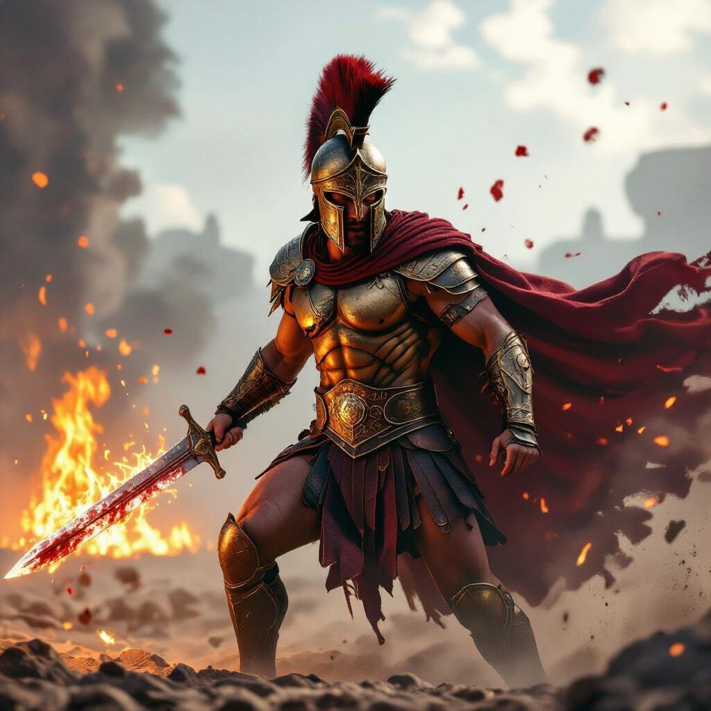 Majestic Gladiator Advances with Fiery Aura