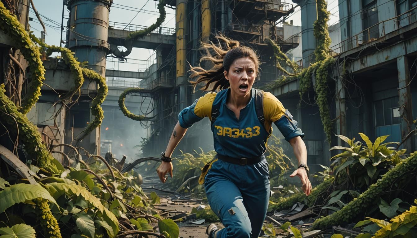 Woman Fleeing Mutant Monsters in Gritty Surrealism