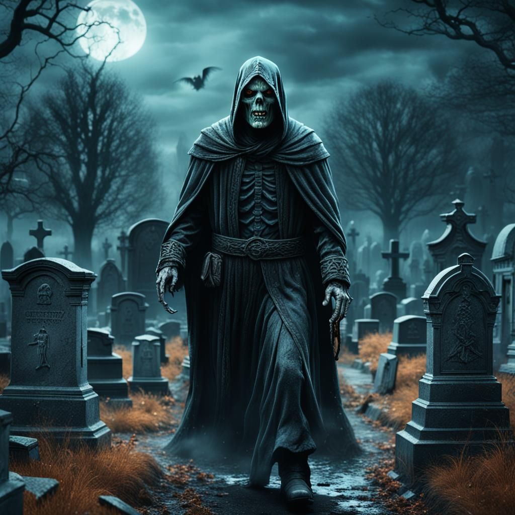 Ghostly Man in Cemetery: Detailed Matte Painting