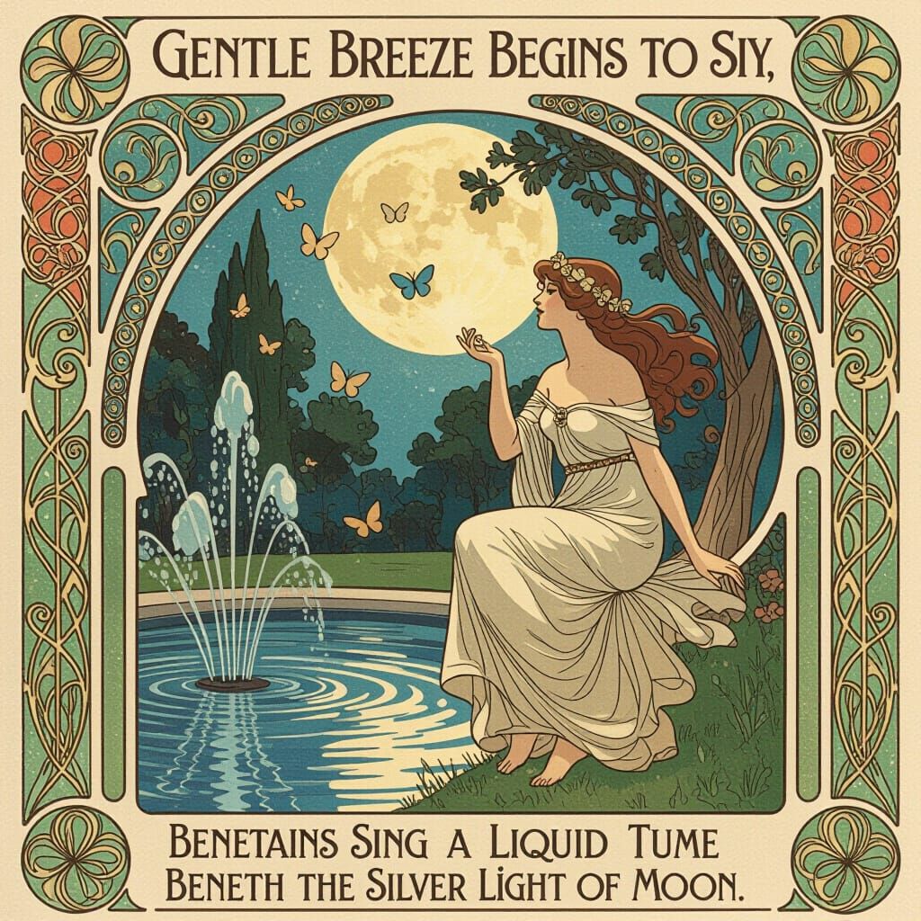 Art Nouveau Moonlight Scene with Butterflies and Fountains