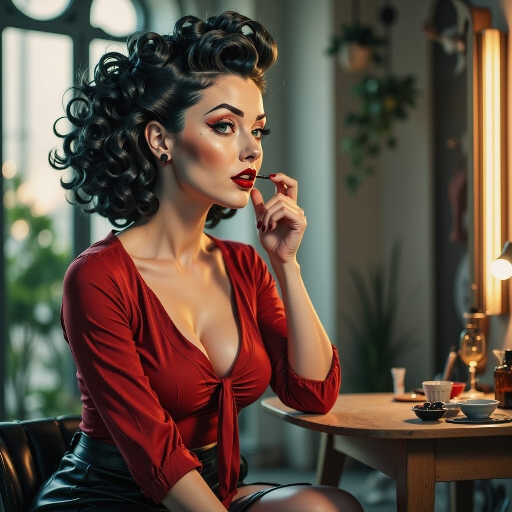 Woman Applying Makeup for Night Out in Golden Hour Glow