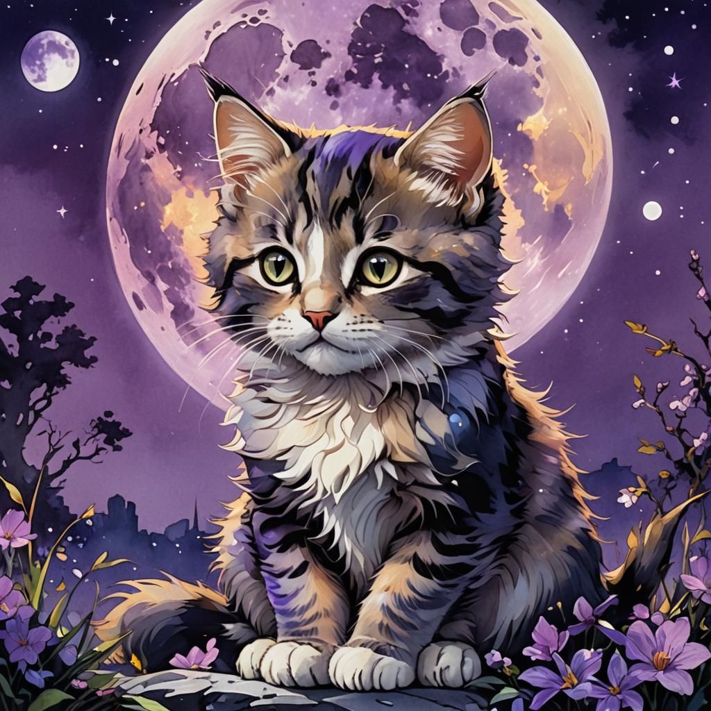 Colorful Kitten in Purple Moonlight: Watercolor Concept Art