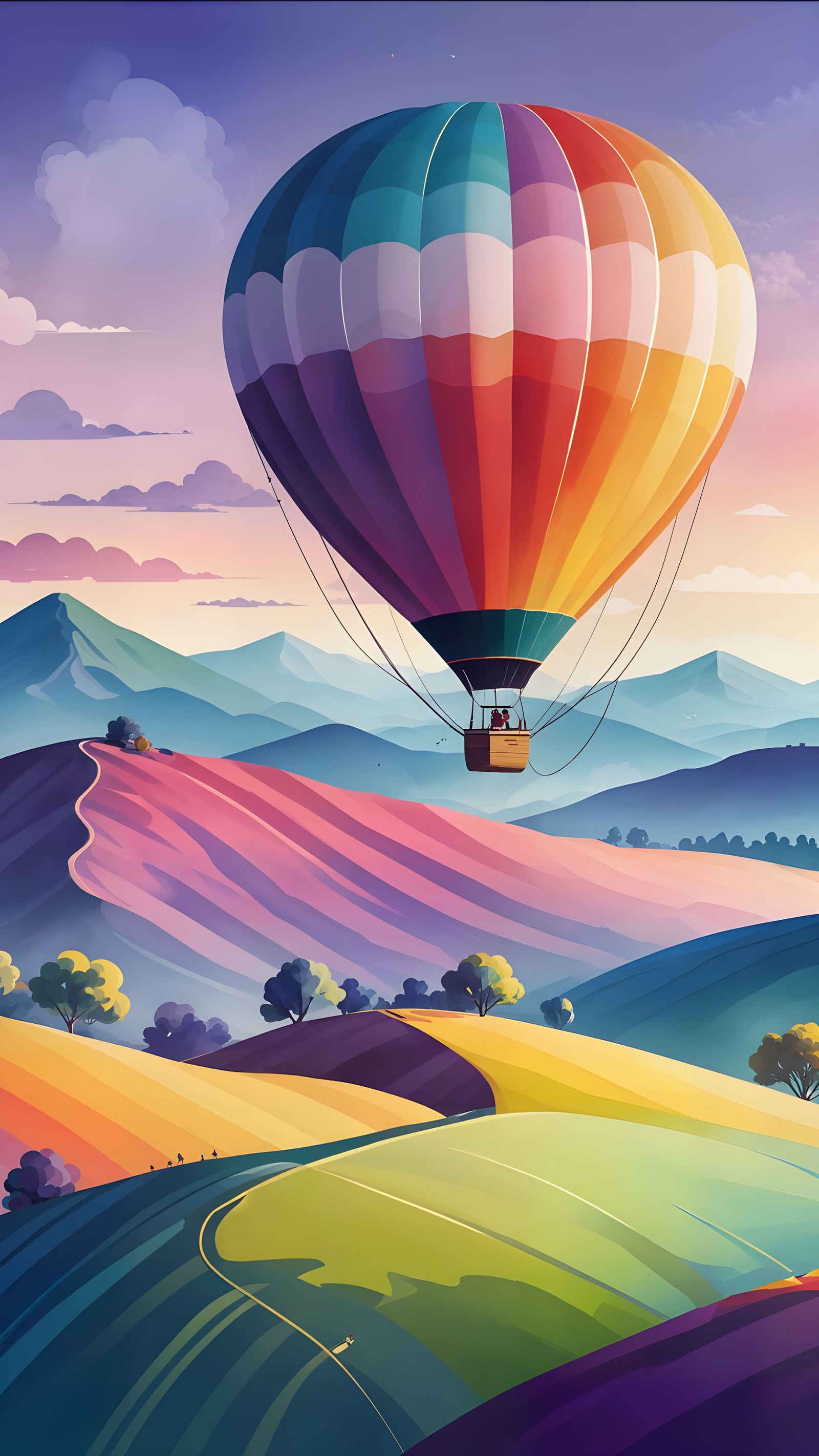 Serene Minimalist Hot Air Balloon Landscape at Twilight