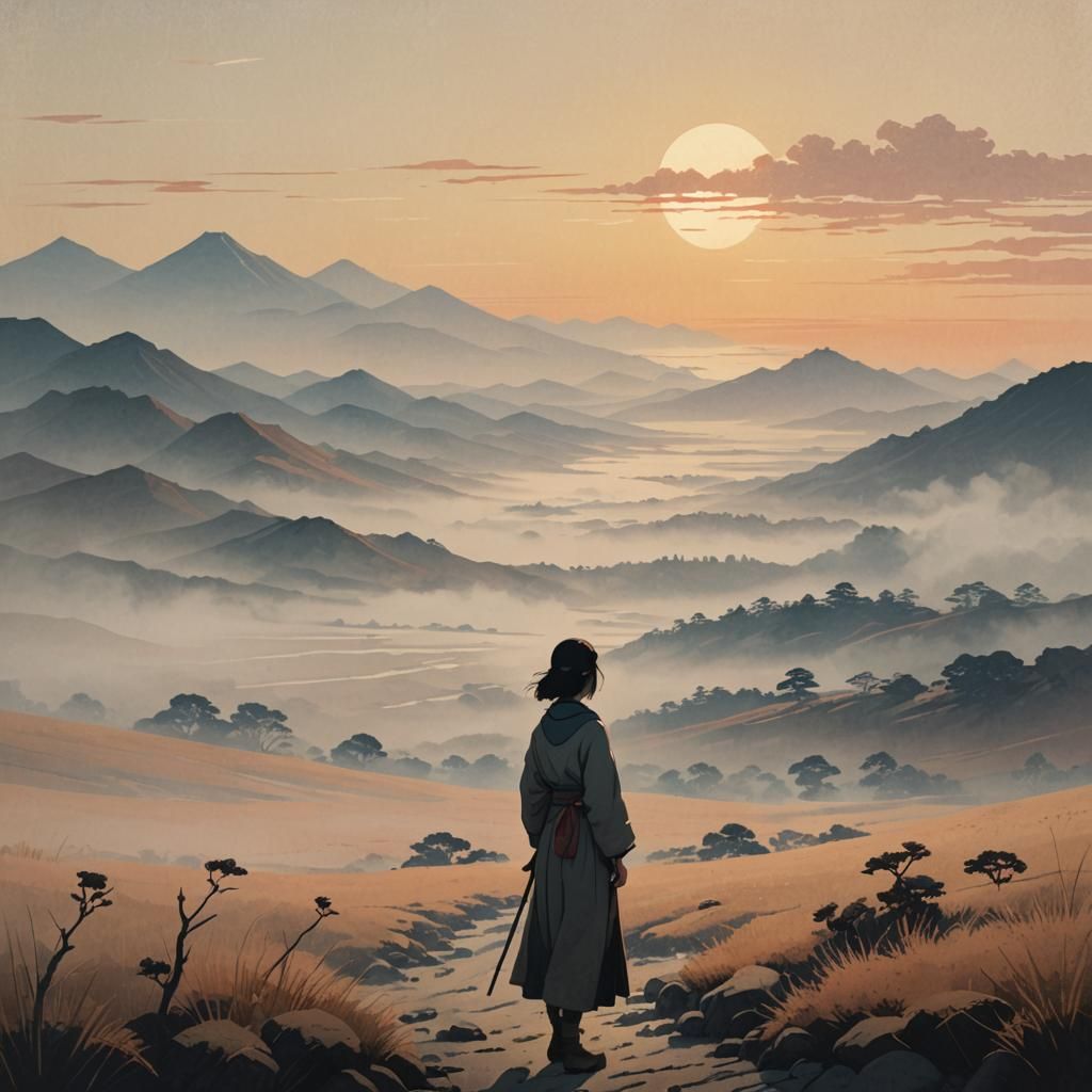 Girl in Desolate Landscape: Hokusai-Style Acrylic Painting