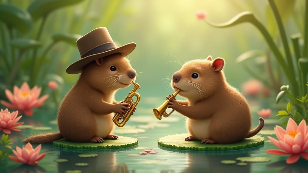 Whimsical Capybara Serenade in Dreamy Water Garden Scene
