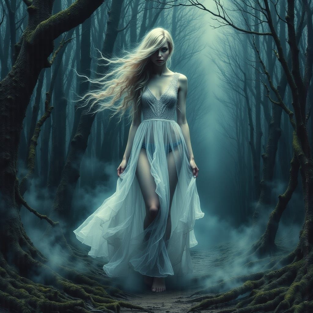 Eerie Forest Scene in Dark Romanticism Style