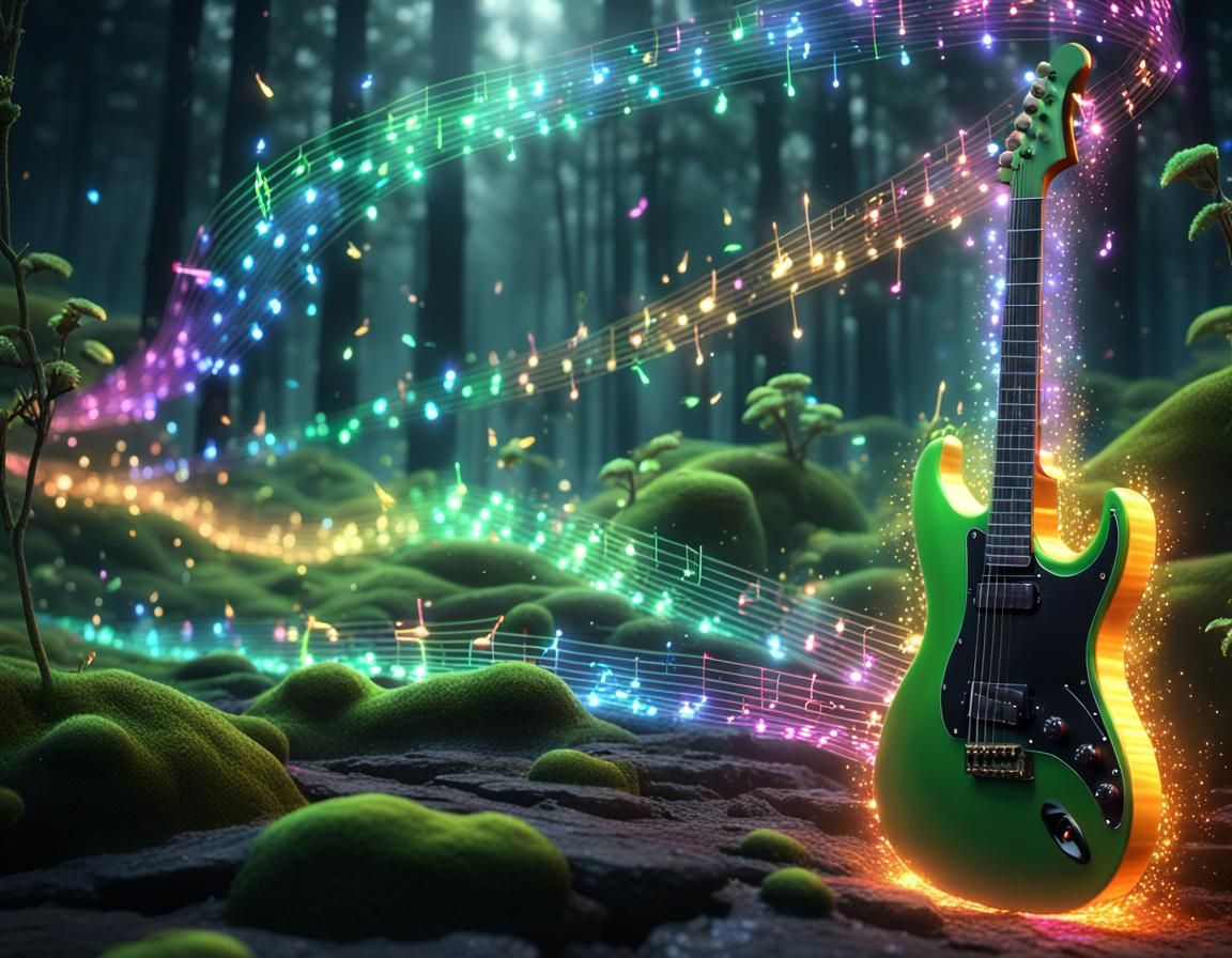 many glowing strands of electric vibrating guitar strings music notes floating , layers rainbow rolling ,RGB,neon spark...
