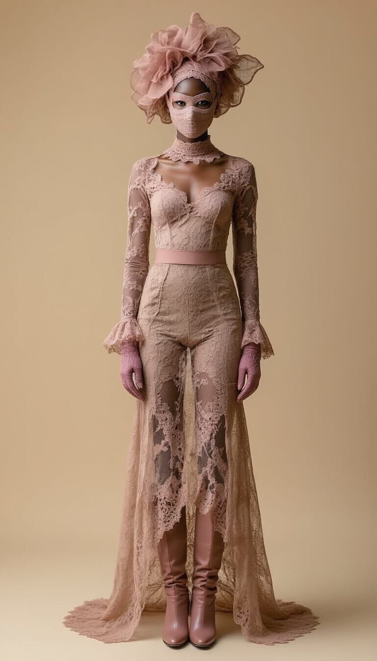 Runway Model in Rose Lace Ensemble, Editorial Fashion
