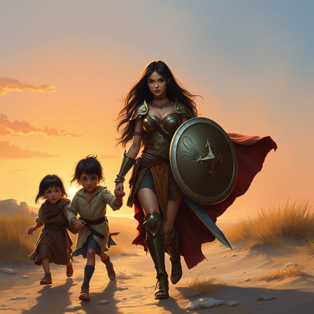 Majestic Warrior Woman in Sunset Armor