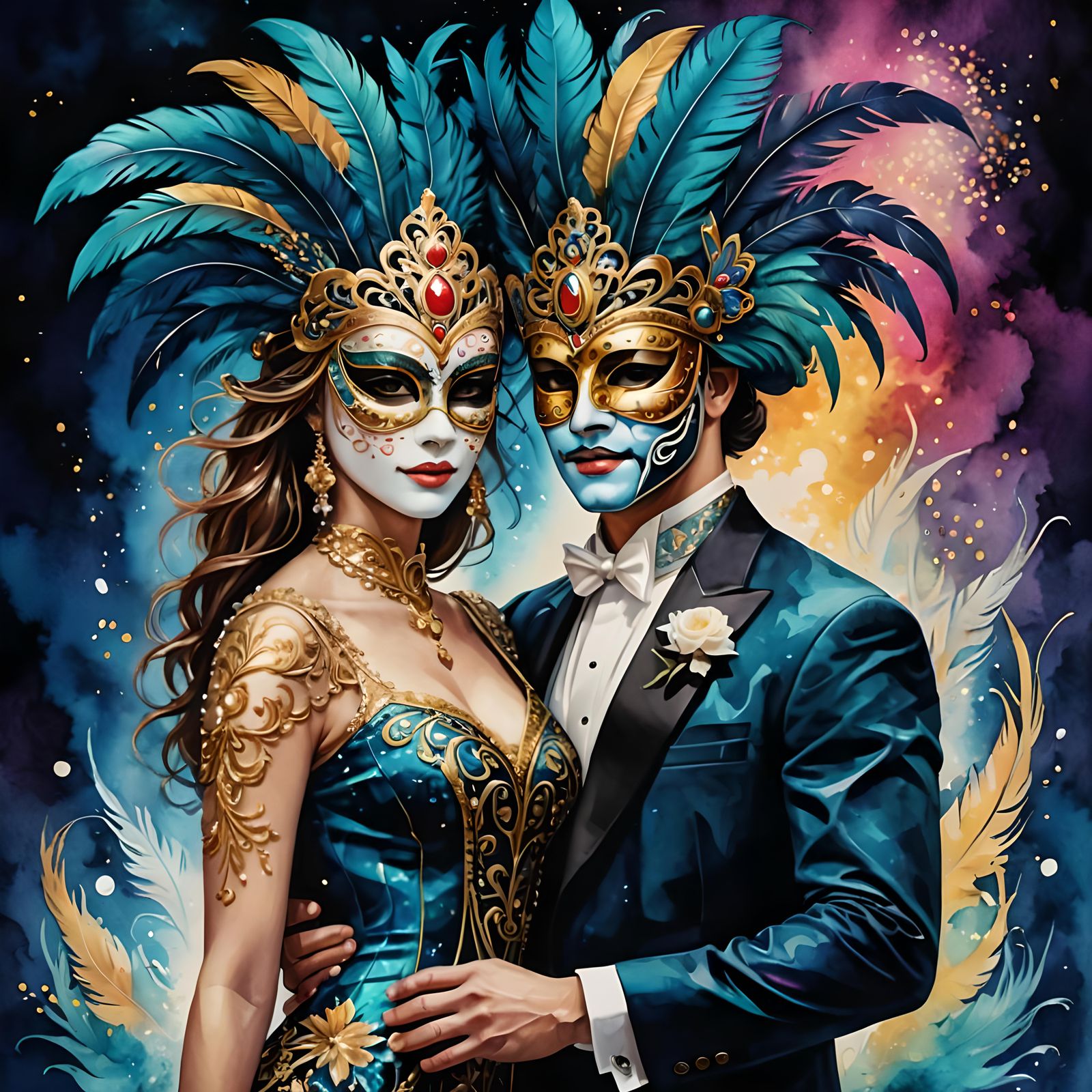 Venice Mask Ball: Watercolor Illustration