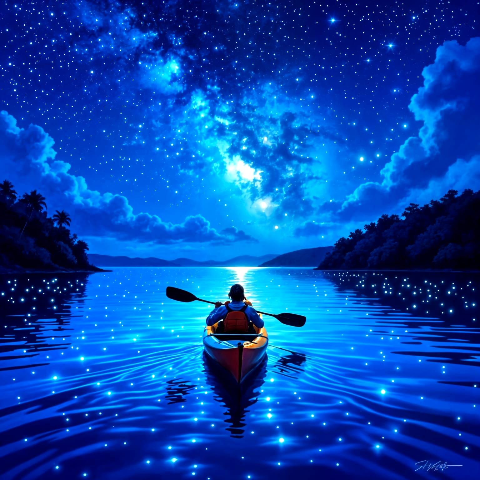 Bioluminescent Bay Kayaker in Polychromatic Oil Painting Sty...
