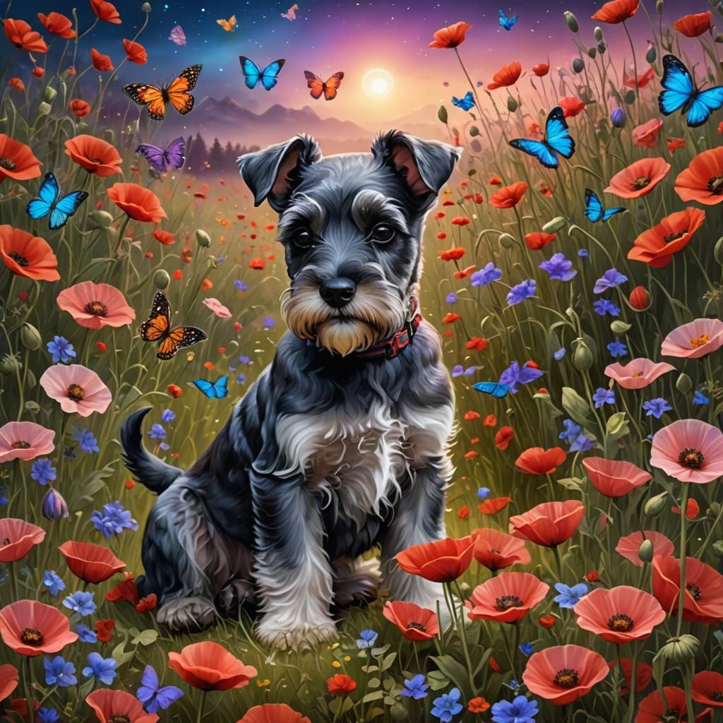 Miniature Schnauzer Puppy in Mystical Poppy Field