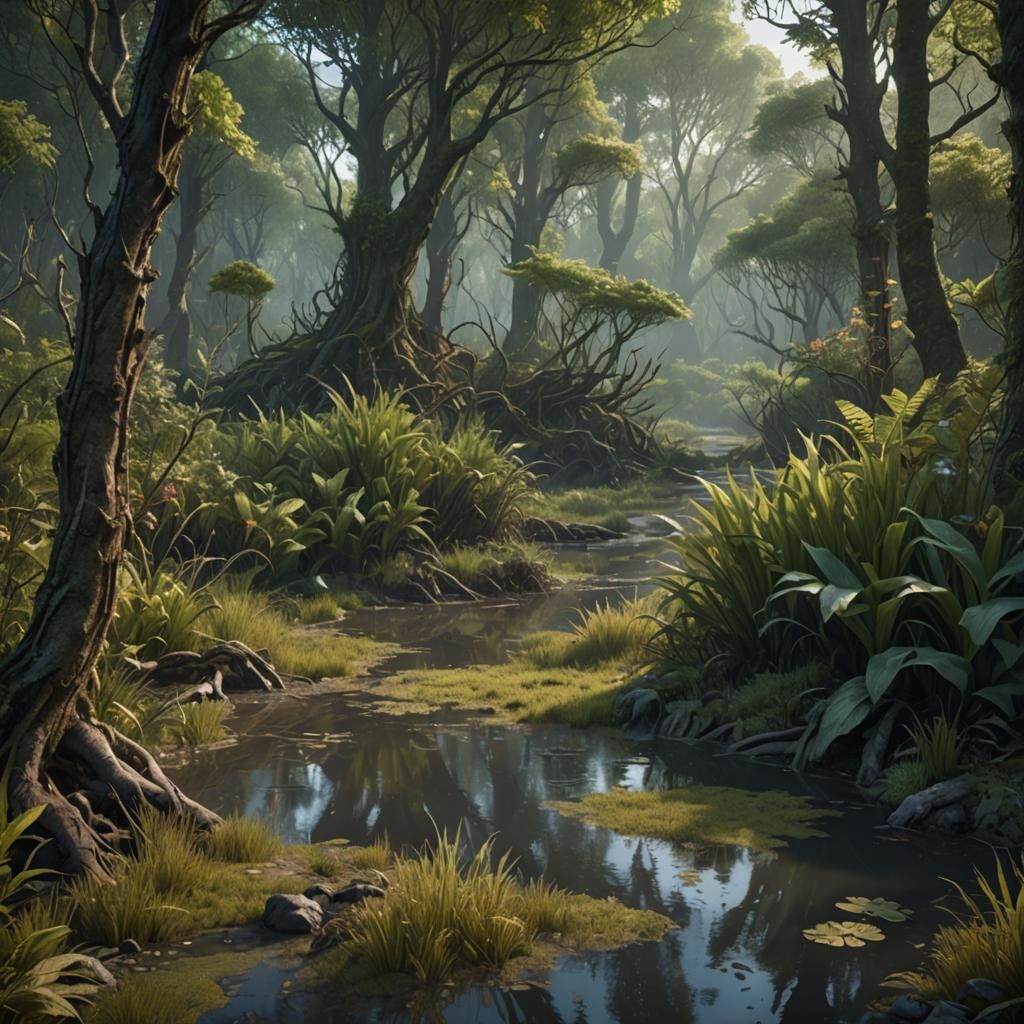 Fantastical Forest Marshes in Detailed Matte Painting