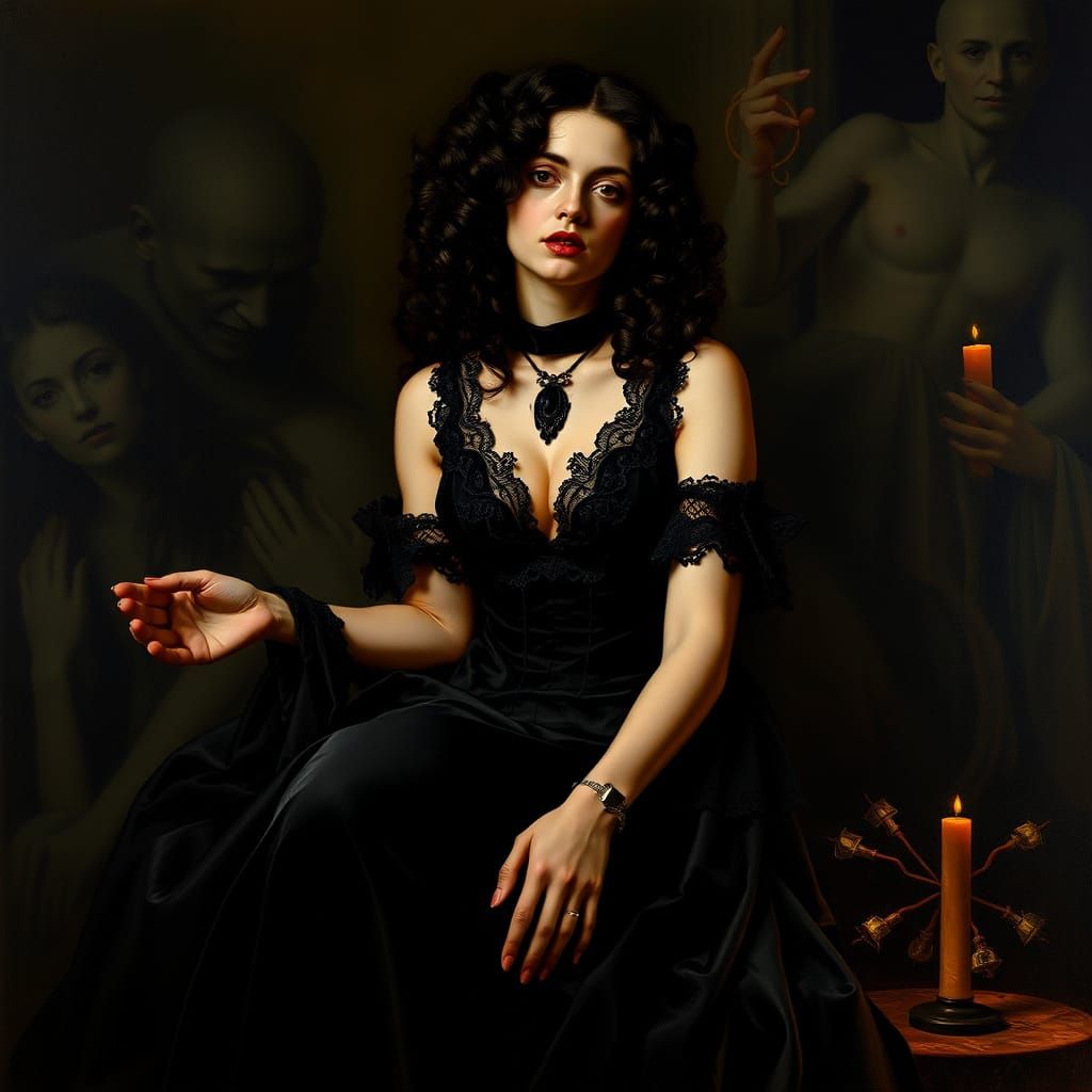 Dark Allegory: Woman in Velvet Gown with Occult Symbols