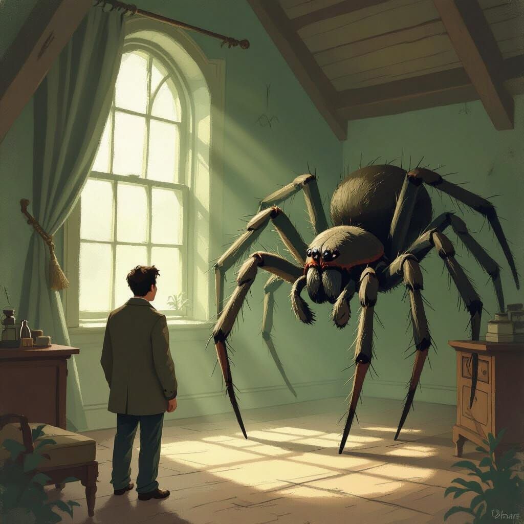 Giant Spider Secretly Watches Man in Muted Color Illustratio...