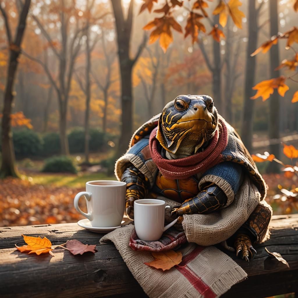 Box Turtle Enjoying Coffee on Autumn Morning