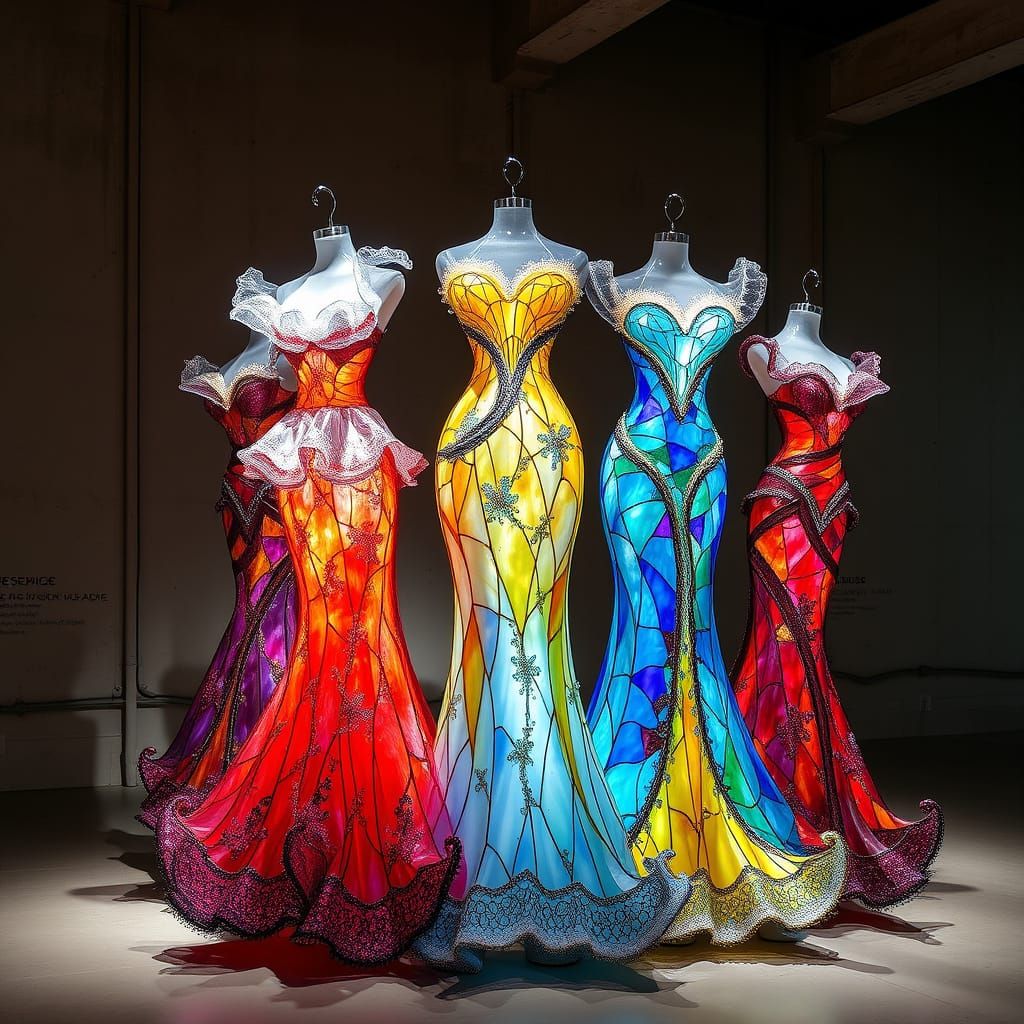 Vibrant Glass Fashion Sculpture in Stained Glass Style