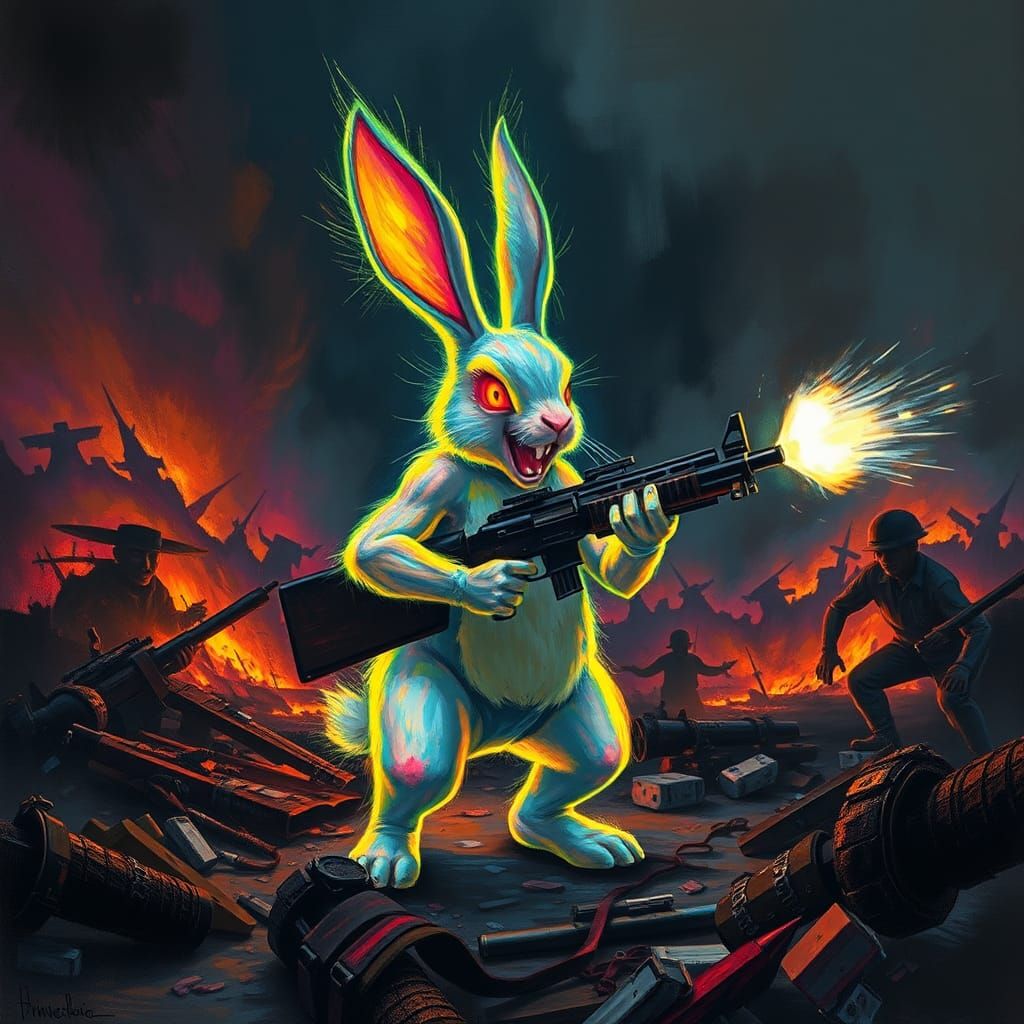 Fearless Fluorescent Rabbit in War-Torn Landscape