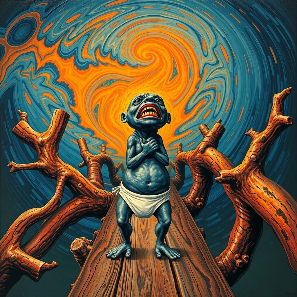 An intensely emotive anthropomorphic screaming lava wearing a diaper, reminiscent of Edvard Munch's iconic The Scream, s...