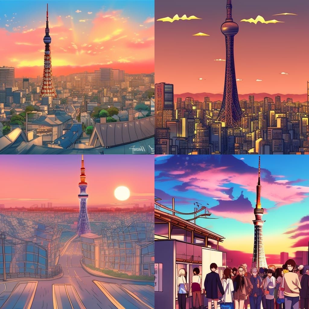 Tokyo Sky Tree Sunset in Anime Style