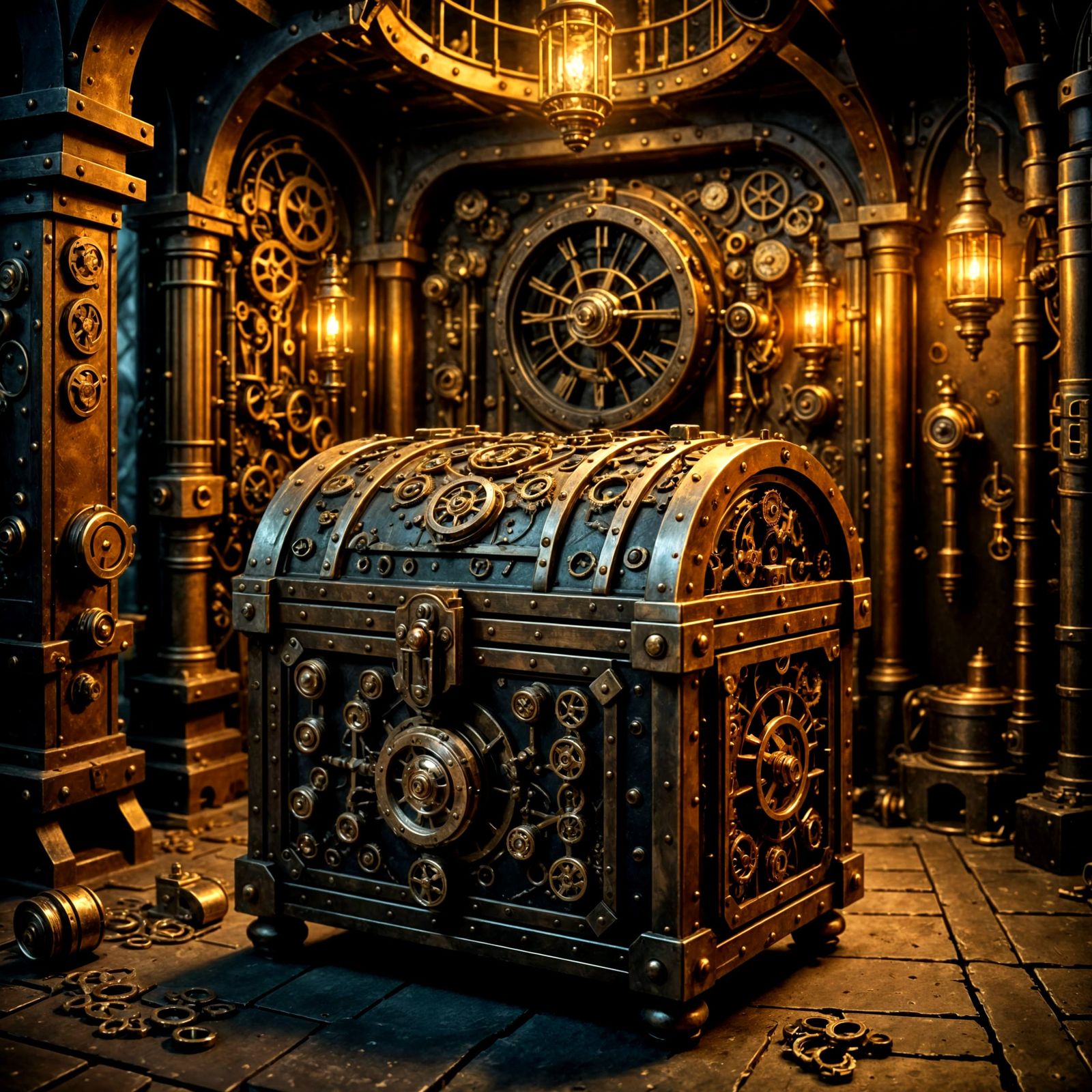 Intricate Steampunk Treasure Chest in Torchlit Dungeon