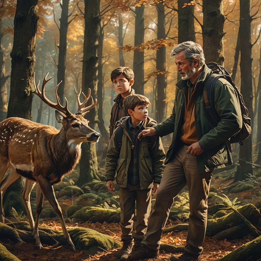 Father and Son Hunting Deer in Autumn Forest