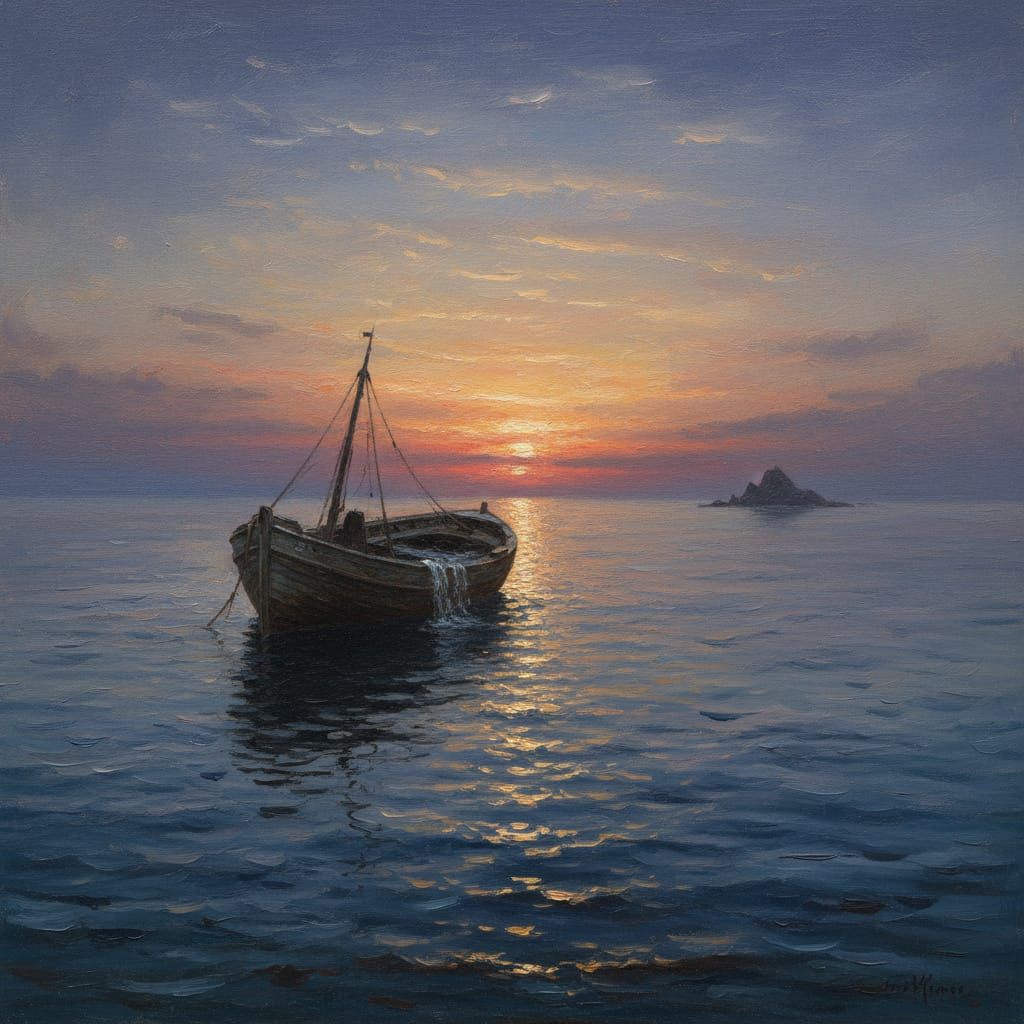 Solitary Boat Sinking in Moody Ocean Oil Painting