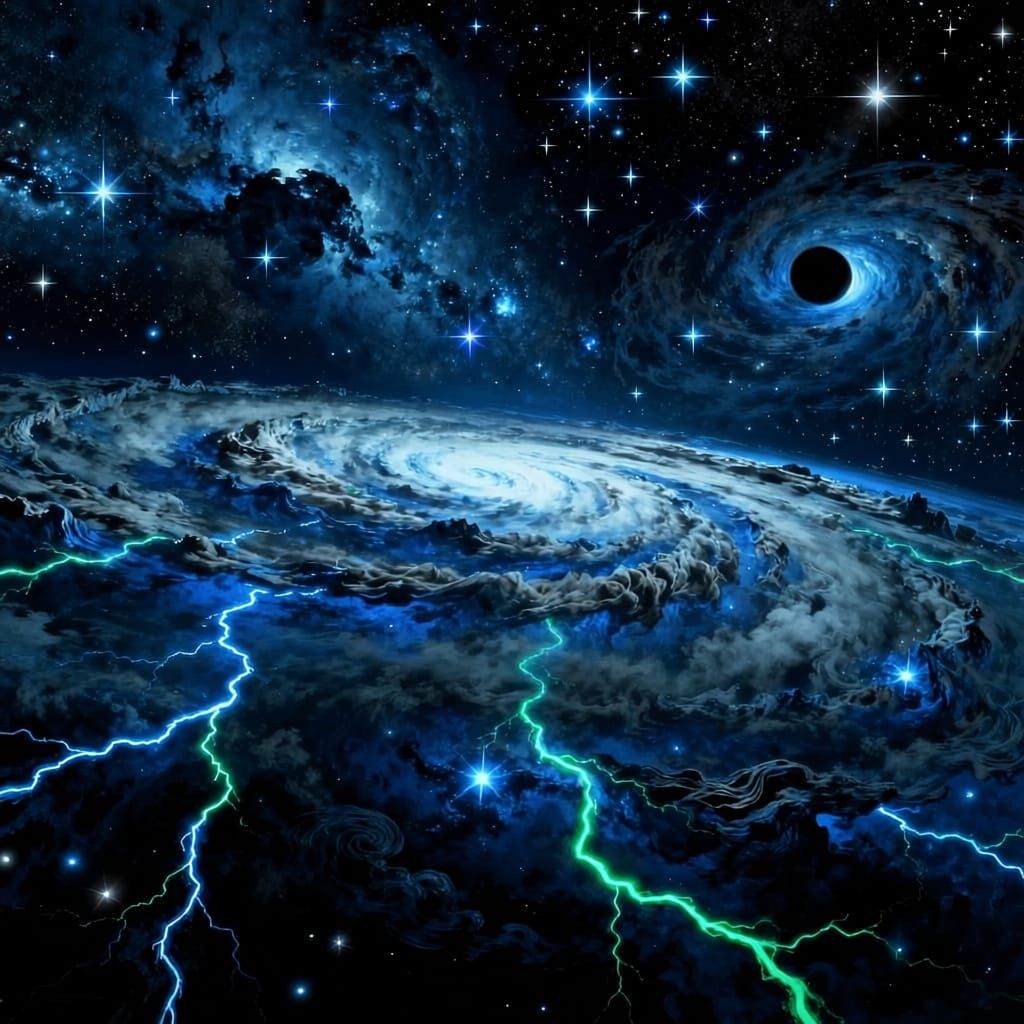 Cosmic Void with Crimson Lightning and Distant Black Hole