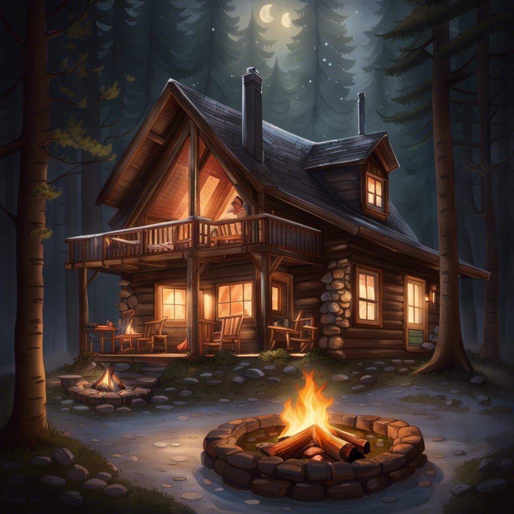 cozy cabin nestled in the heart of the woods, chirping birds...