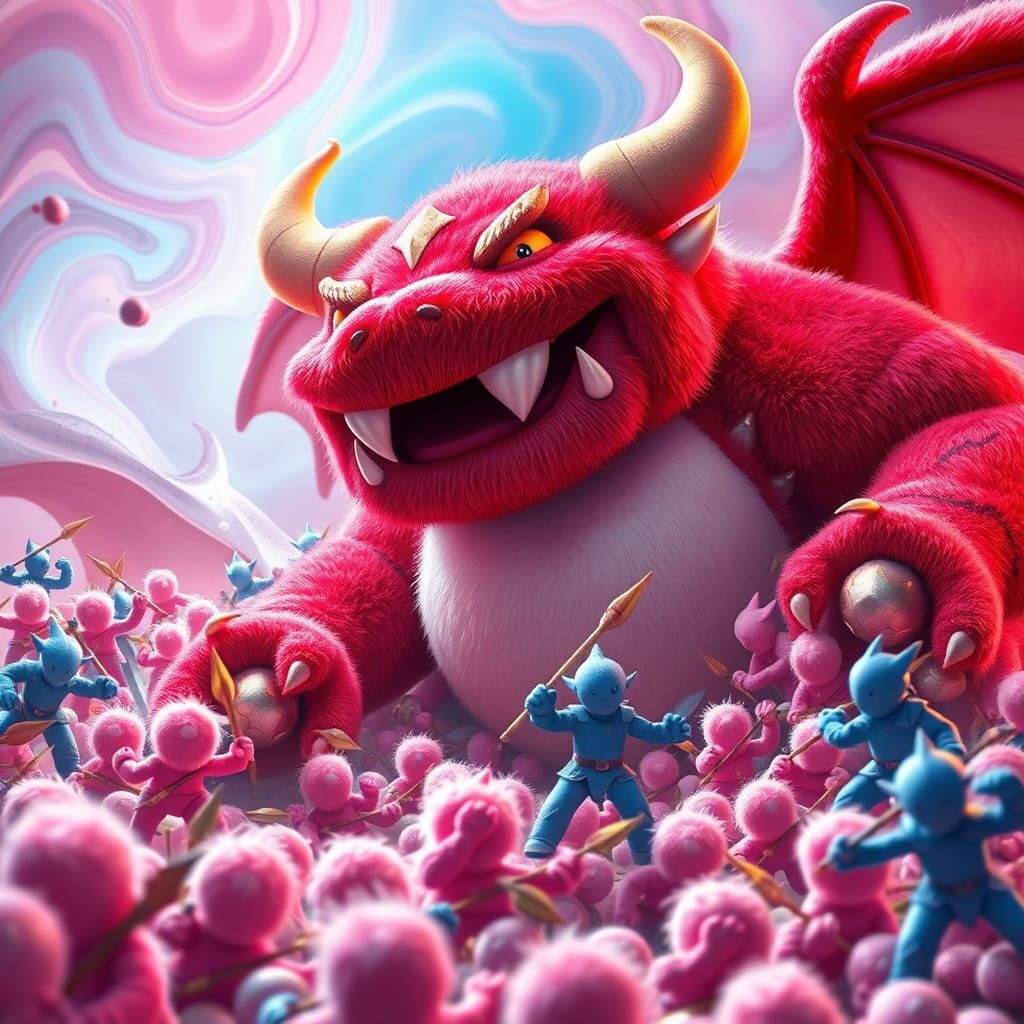 Colossal Red Plushie Balrog in Whimsical Candyland Battle