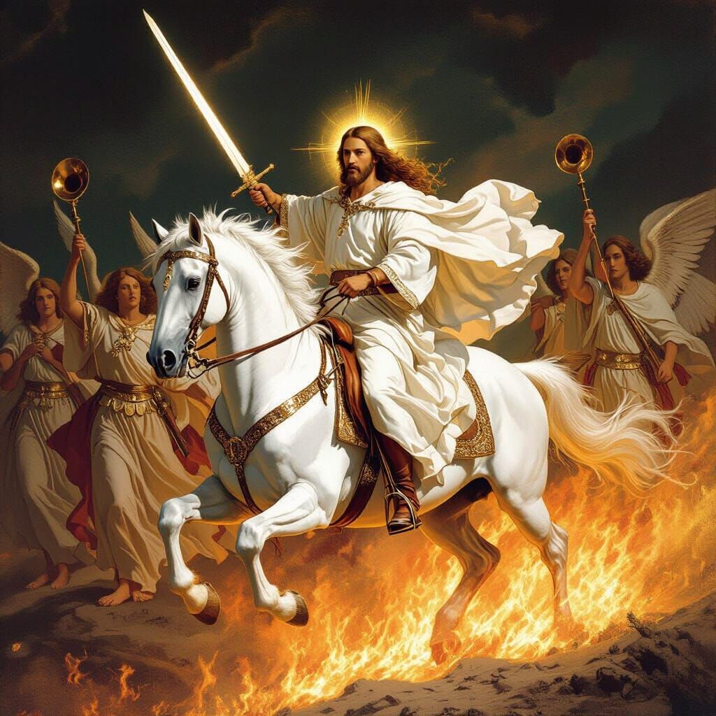 Jesus Rides a White Horse with Angels and Flaming Sword