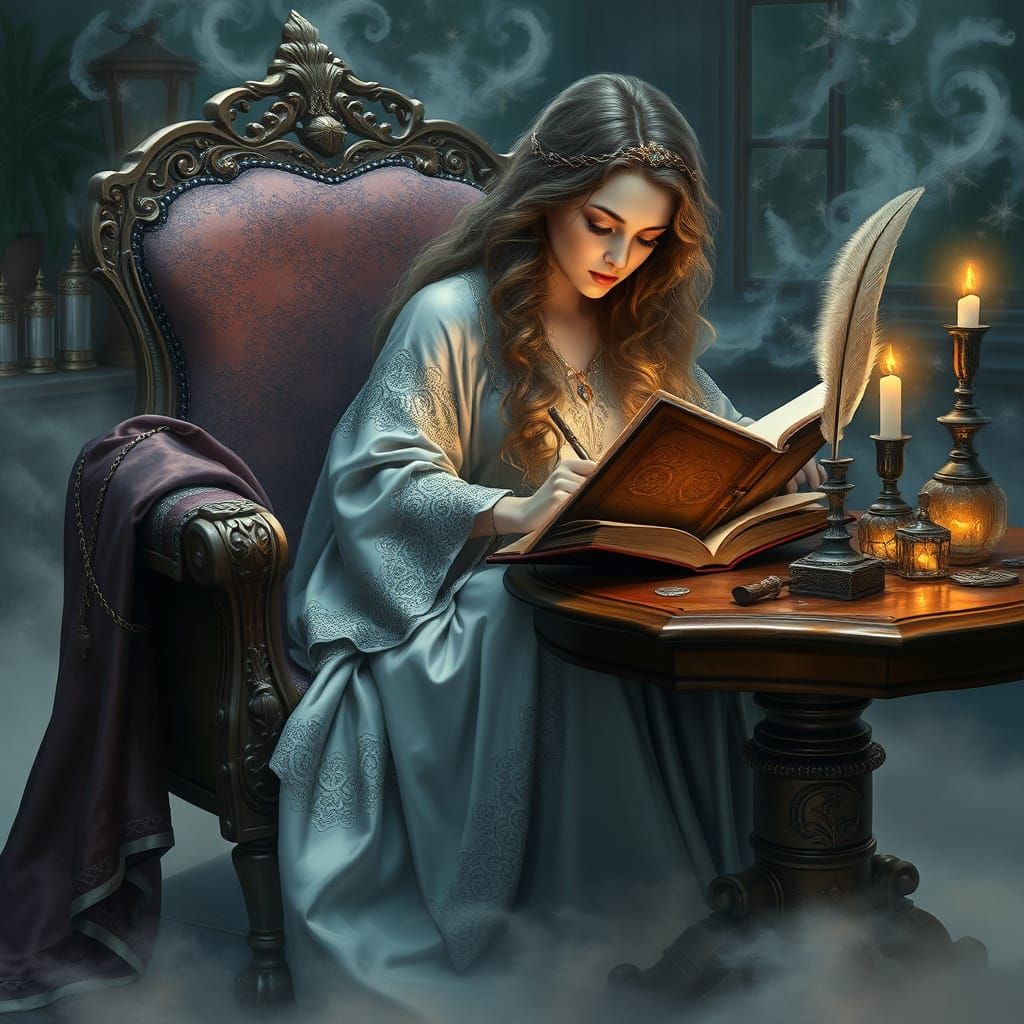 Fantasy Sorceress Writes in Velvet-Draped Study
