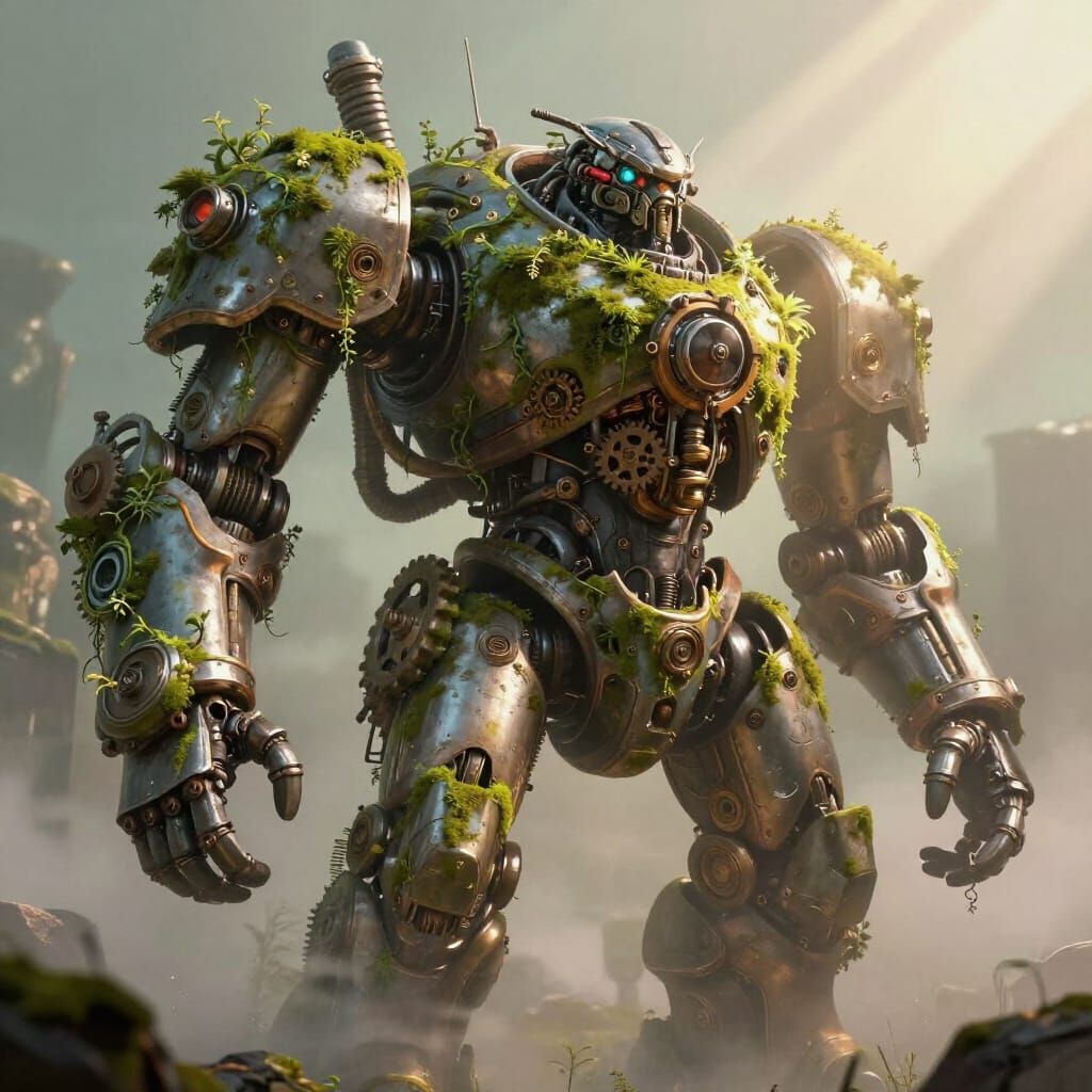 Colossal Steampunk Mech Overgrown with Nature