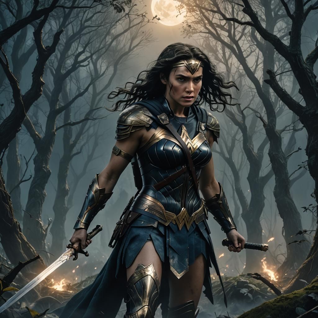 Wonder Woman in Black Armor in Mystical Forest