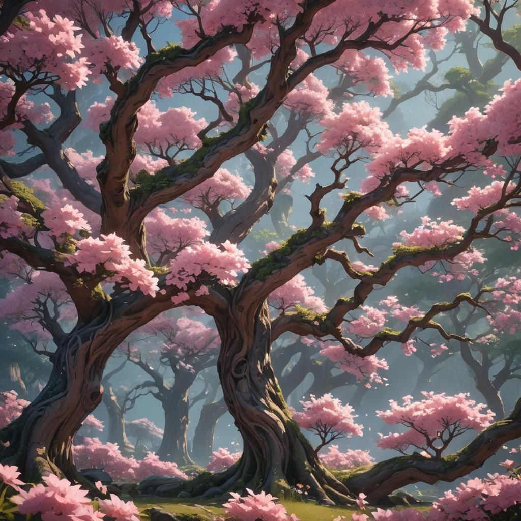 Pink Flower Among Ancient Trees: 3D Anime Art
