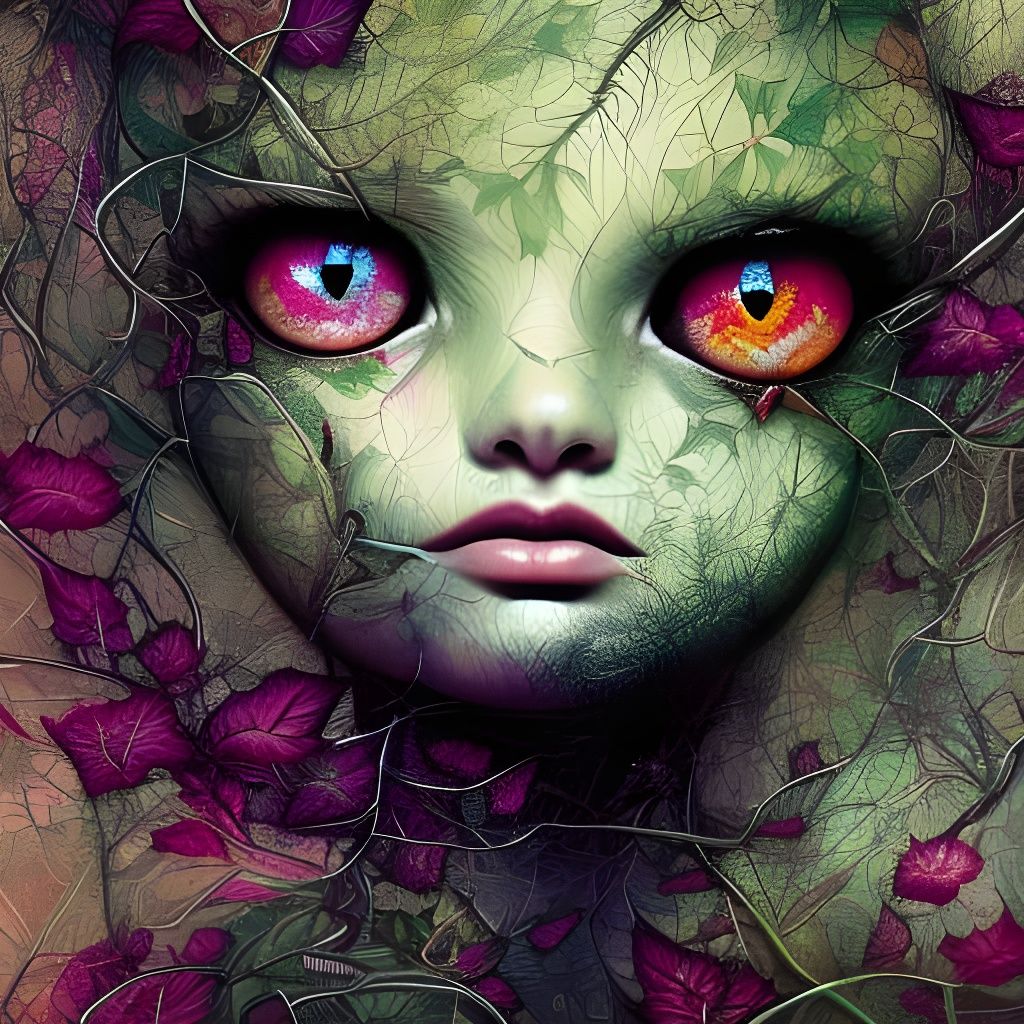 Ivy-Covered Chibi Kitten Portrait, Digital Art