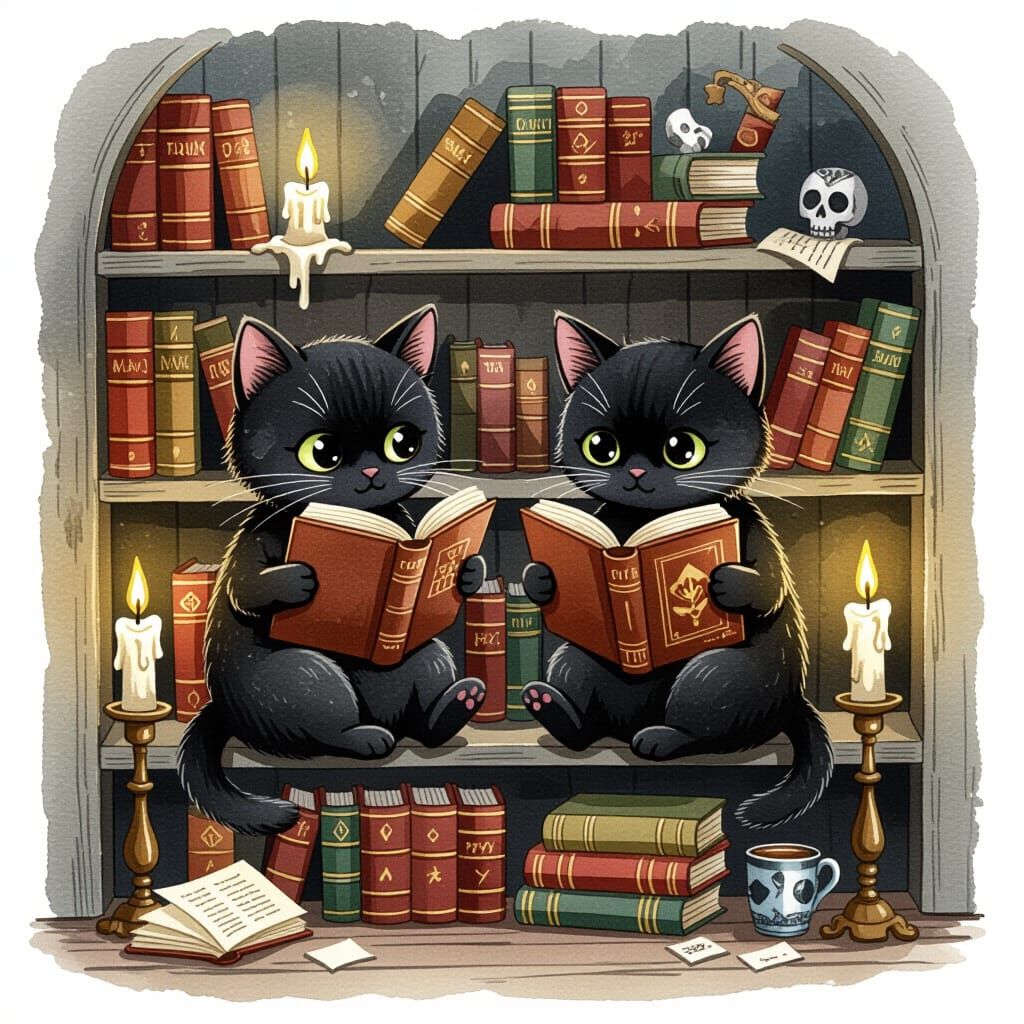 Two Black Cats Reading Books on Haunted Bookshelf