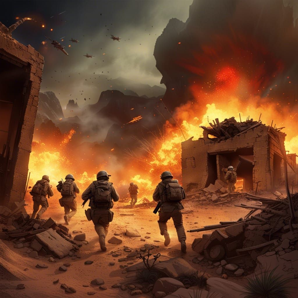 Infantry Squad Amidst Burning Ruins: Matte Painting