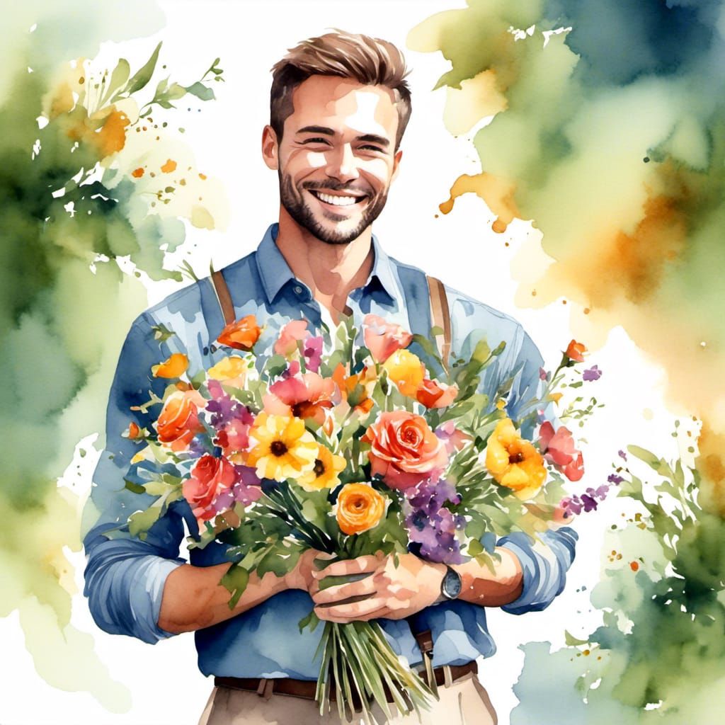 Smiling Man with Flowers in Watercolor Style