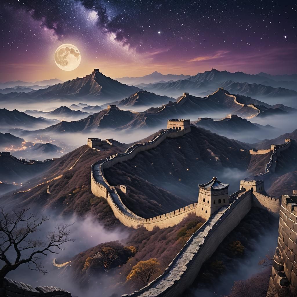 Great Wall of China at Night in Swirling Style