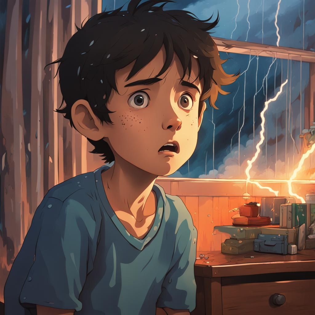 Boy Scared of Thunderstorm in Ghibli Style