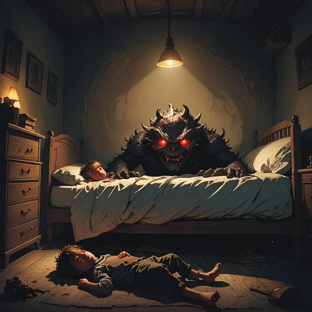 Eerie Monster Under Bed in Dark Fantasy Style