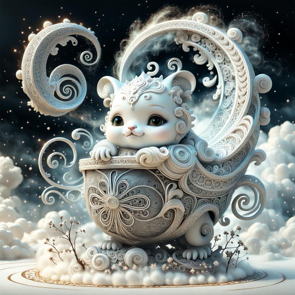 Ornate Cloud Formed by White Creatures in Fantasy Style