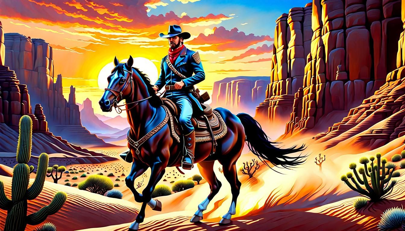 Cowboy Rides Through Desert Canyon: Hyperrealistic Oil Paint...