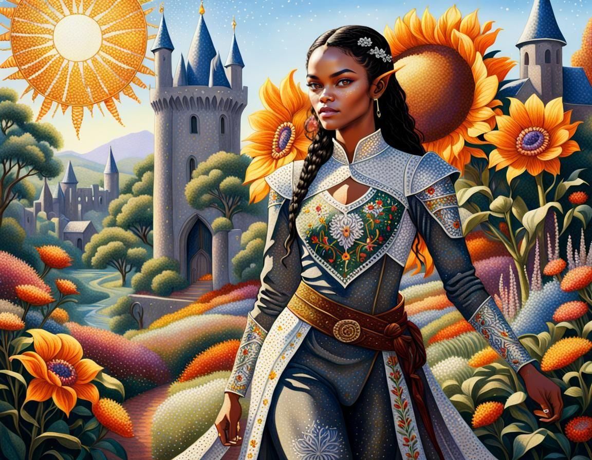 Elven Woman in Flower Garden: Pointillism Portrait